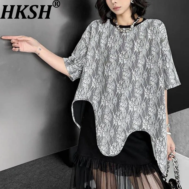 

Женская футболка оверсайз HKSH с асимметричным дизайном, кружевными вставками, круглым вырезом, короткими рукавами, элегантный модный топ, новинка лета HK20804