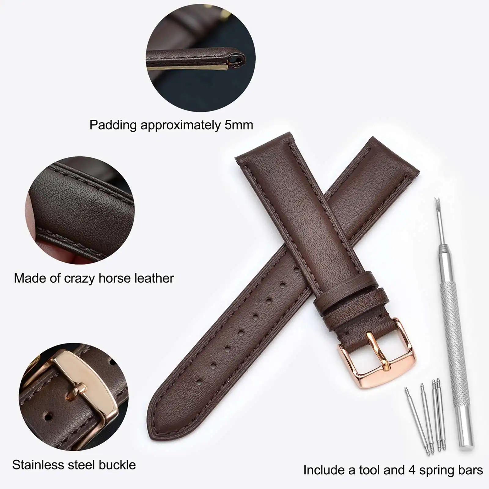 Wocci Vintage Leather Watch Strap 14 15 16 17 18 19 20 21 22 23 24mm Rose Gold Buckle for Men Women Replacement Band