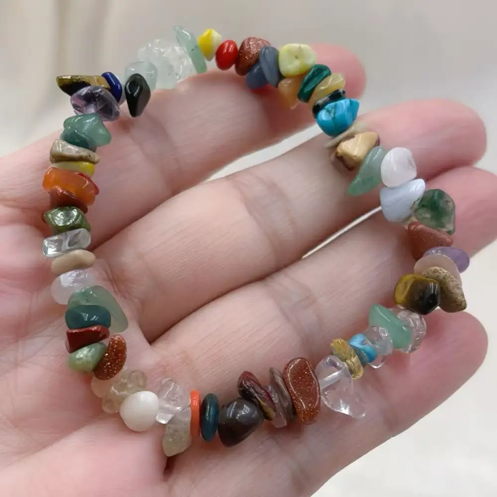 6-8mm Vintage Mixed Random Stone Natural Stone Chips Beads Yoga Balance Lucky Jewelry Elastic Bracelet 7-9inch