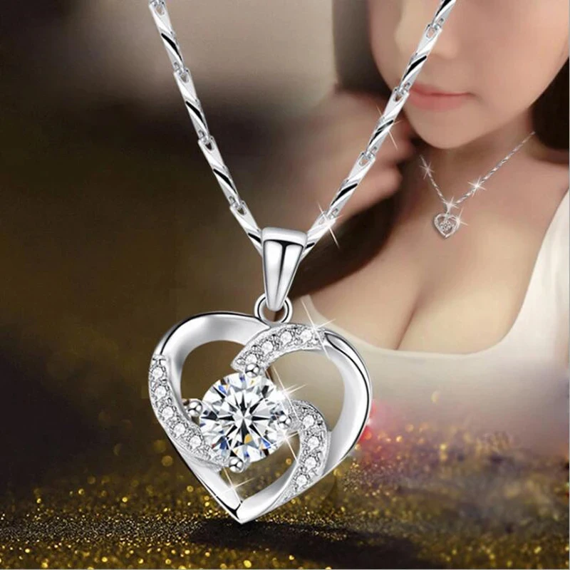 Collar con colgante de circonita de corazón romántico para mujer, joyería de regalo, Collar de plata 925, con cadena de caja y bolsa de tela de