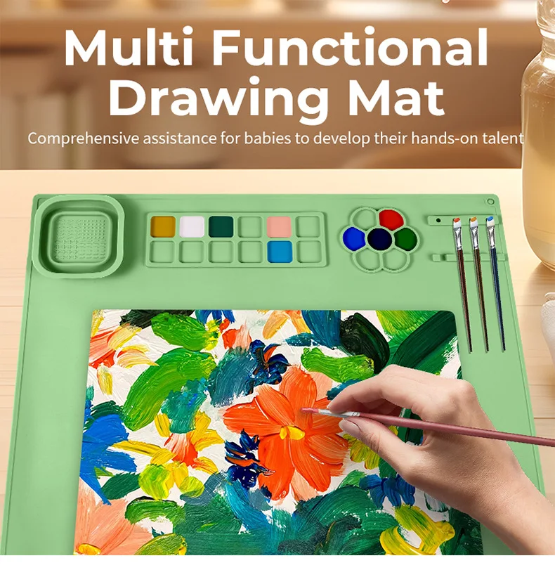 Portable Silicone Painting Mat Kids Art Crafts Pad with Spill Proof Cup Brush Holder Palette Watercolor Drawing Mat Reusable