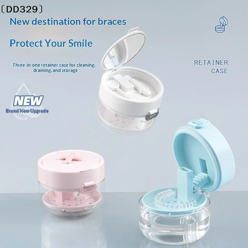 Portable Multi-layer Denture Retainer Case With Clip-on Cap Cleaning Storage Box With Cleaning Brush No-Leak Oral Box〔DD329〕