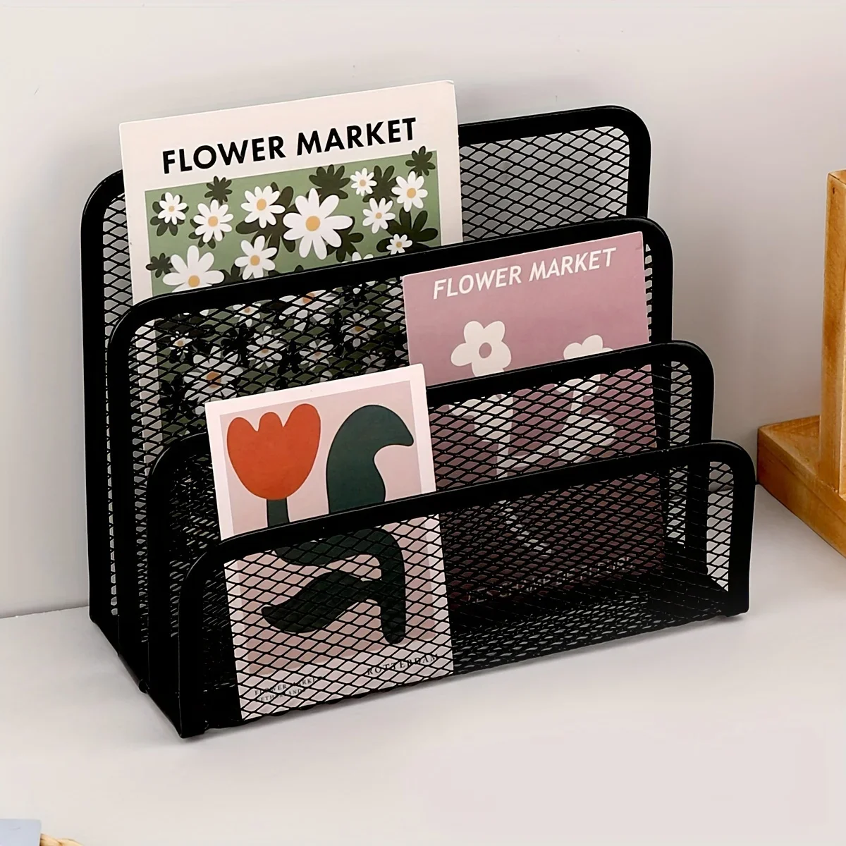 Multifunctional Office Desk Organizer Set - Metal Mesh File Rack, Letter Holder, Multi-Tier Bookshelf, Envelope and Card Stand
