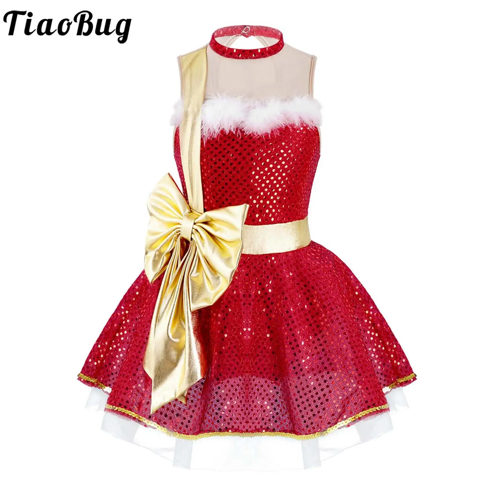 

Kids Girls Sequins Ballet Leotard Dress Sleeveless Red Mesh Tutu Gymnastic Figure Skating Dress Christmas Costume Dancewear