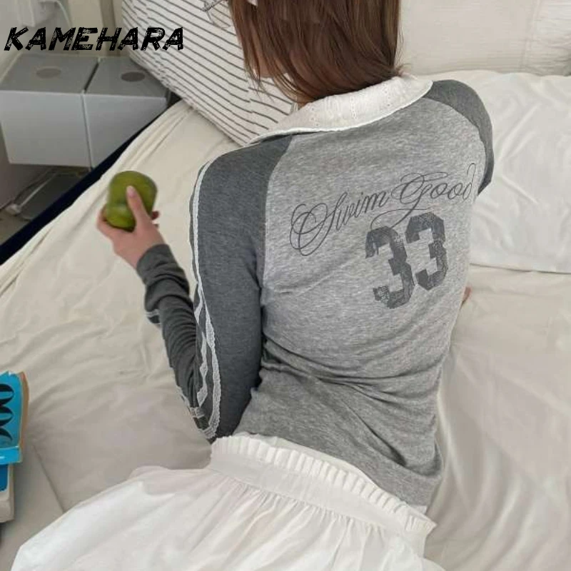 KAMEHARA تي شيرت رياضي عتيق للسيدات Y2k أنيق رمادي كوكيت علوي نمط Preppy Blokecore ريترو كم طويل تي شيرت جمالي
