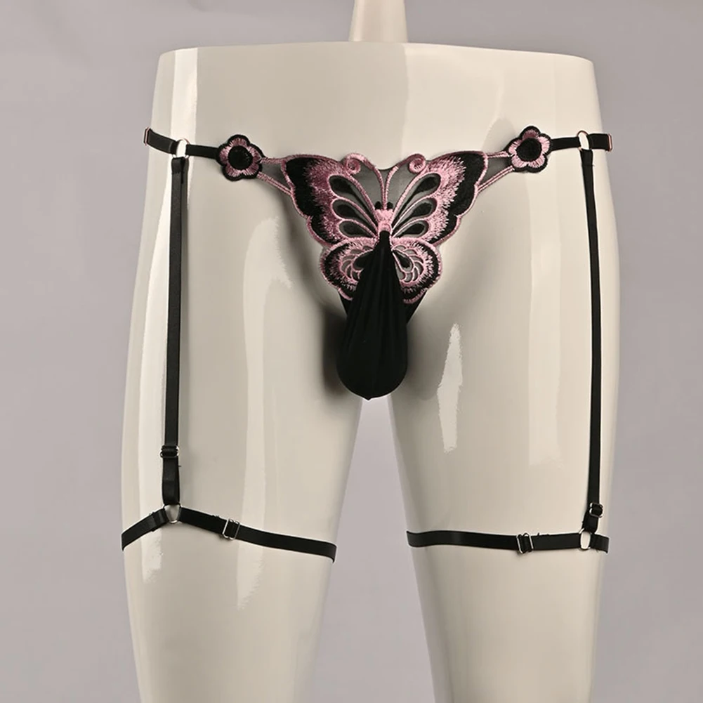 

Men Sexy G-String Middle Waist Pouch Panties Lace Briefs Underwear Erotic Gay Lingerie Butterfly Embroidery T-Back Thong