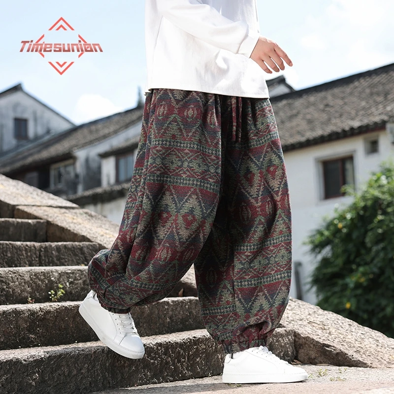 

Мужские винтажные вязаные жаккардовые брюки с геометрическим рисунком, широкие брюки в этническом стиле, повседневные зимние толстые, Лидер продаж