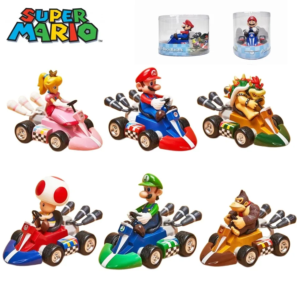 Super Mario Bros Karting Luigi Bowser princesa melocotón Yoshi Toad figuras de acción de juguete tirar hacia atrás coche Anime juego muñeca regalos para niños