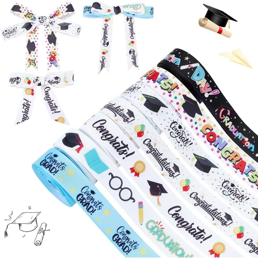 

Набор из 7 рулонов (7 видов) полиэстеровой ленты гросгрейн с принтом для выпускного сезона, разные цвета, 21 мм (7/8 дюйма), 4,57 м/рулон, 1 рулон/стиль