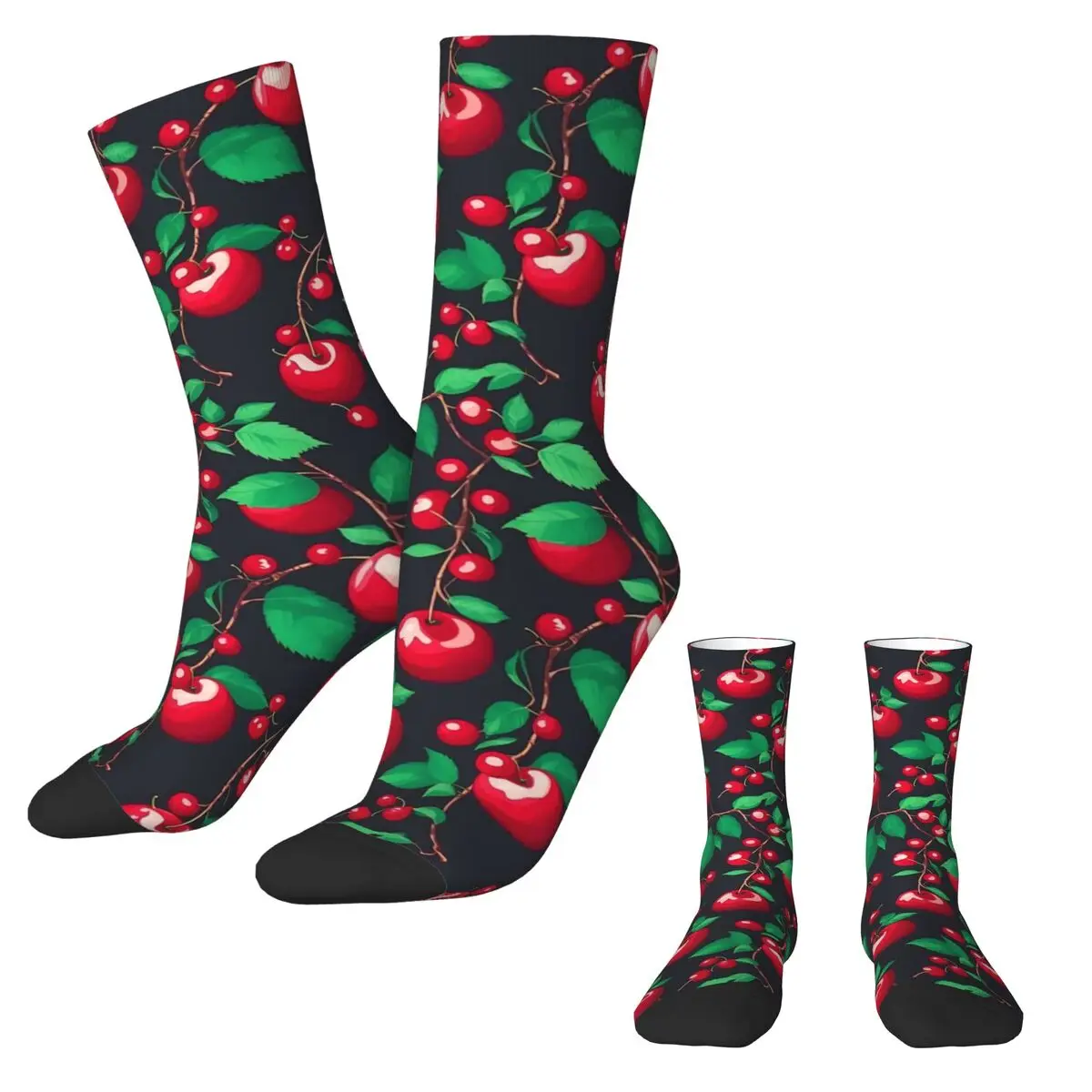 Cute Cherries Print Stockings Green Leaves Design Casual Socks Autumn Non-Slip Socks Ladies Running Sports Breathable Socks