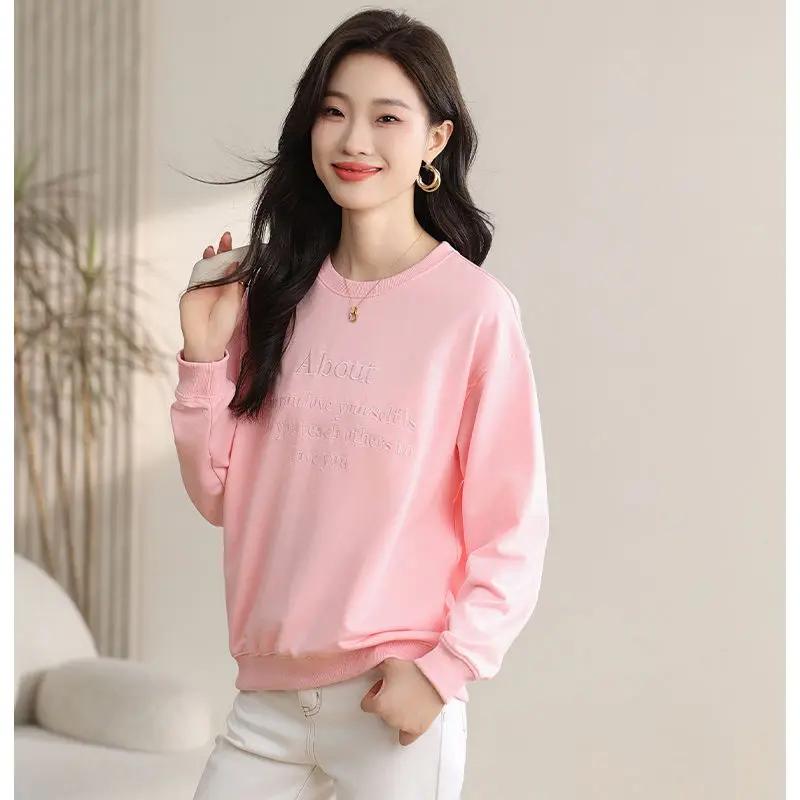 2024 Spring Autumn Women's New Splicing Pullovers O-Neck Embroidery Letter Fashion Solid Loose Casual Long Sleeve Sweatshirts