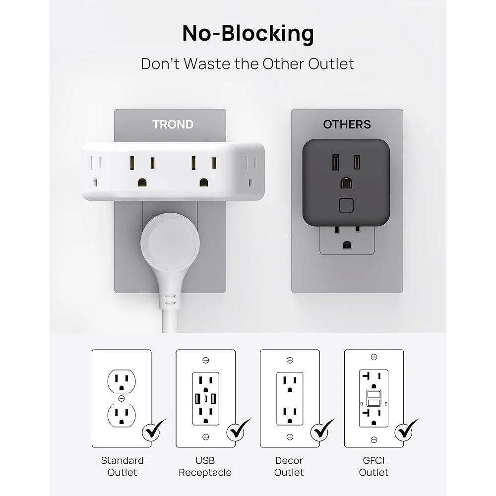 Outlet Extender Surge Protector with 4 Grounded Sockets 3 Way Angled Plug Adapter Compact Electrical Wall Power Splitter 900J