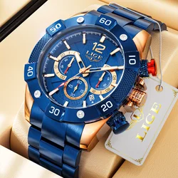 LIGE Mens Watches Chronograph Sport Stainless Steel Wristwatch Large Dial Quartz Clock with Luminous Pointers Watch for Men+Box