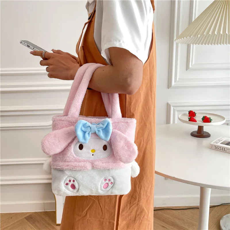 Sanrio Cartoon Plush Handbag For Women Kawaii Kuromi Cinnamoroll Hello Kitty Melody Shoulder Bags Fluffy Tote Bags Purses Gifts