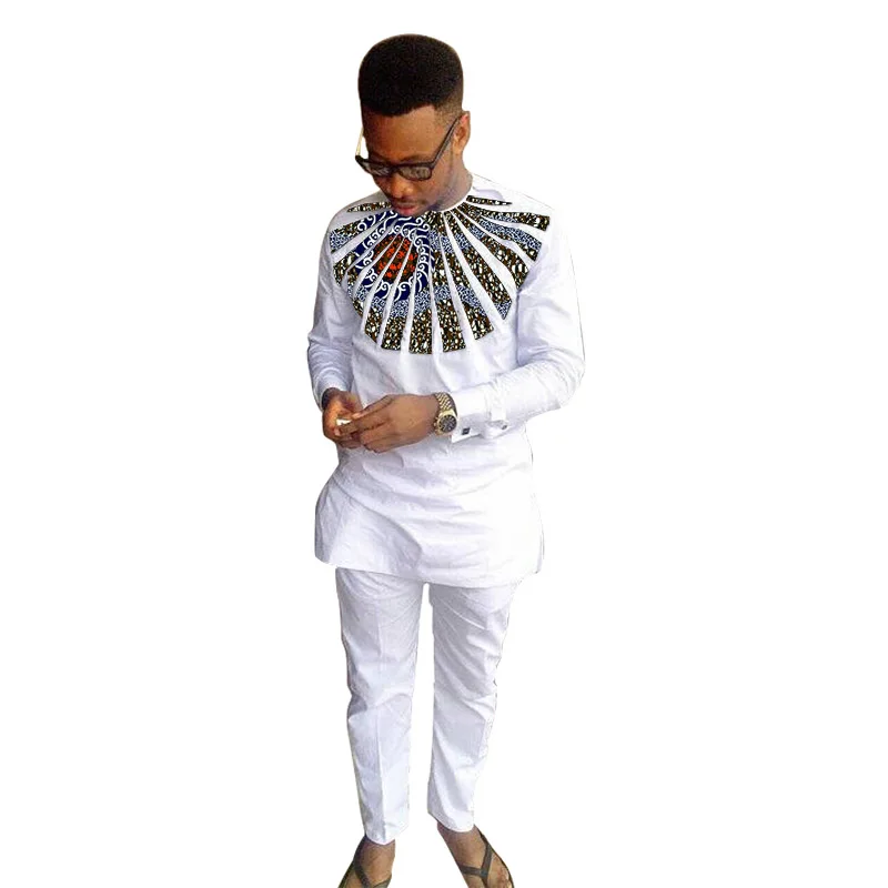 Circular Design Nigerian Style Men's Shirts+Trousers Wax Original Print Outfits Tailored Pant Sets African Wedding Party Wear