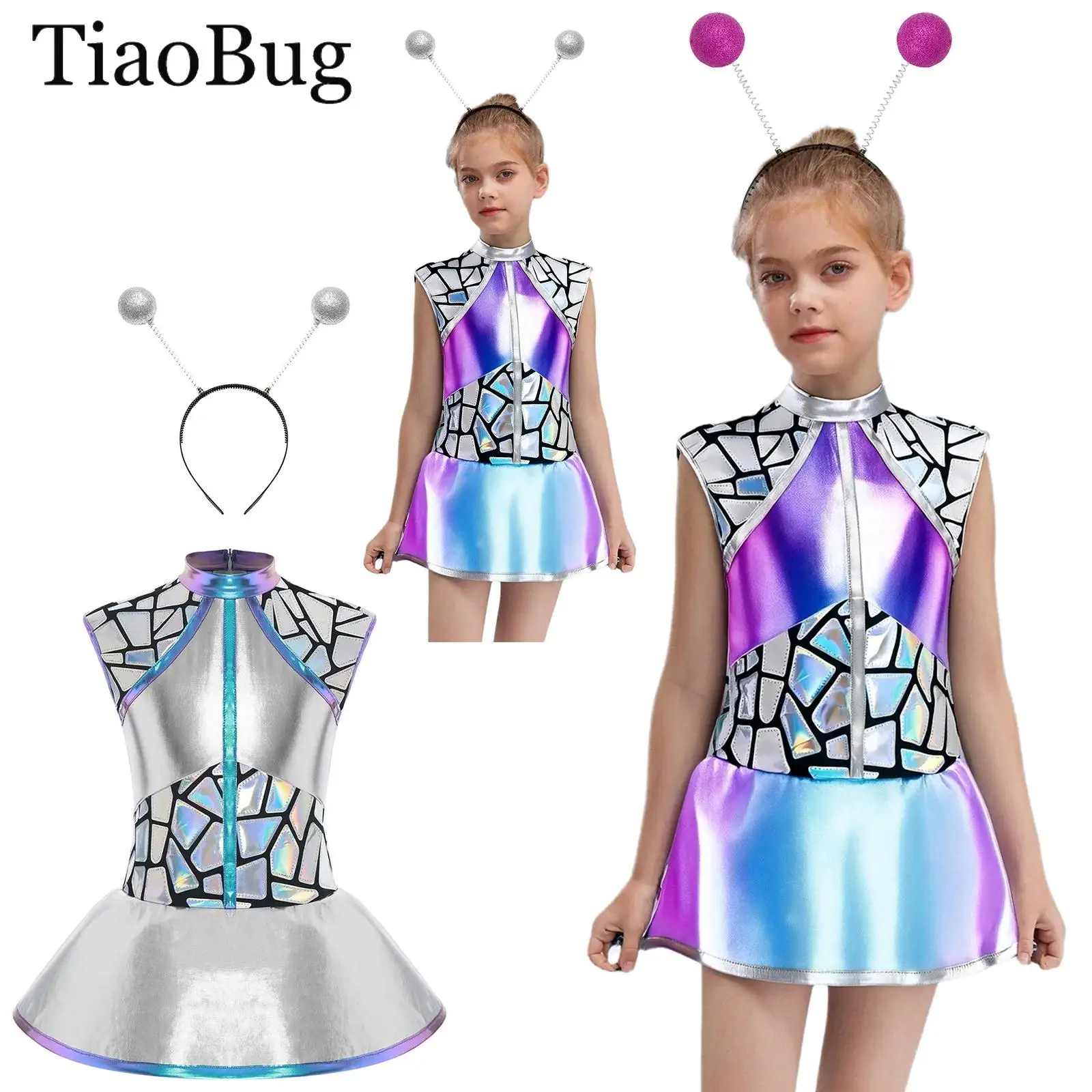 

Girls Halloween Outer Space Astronaut Costume Shiny Metallic Sequin Alien Tutu Dress with Antennas Hair Hoop Future World Party