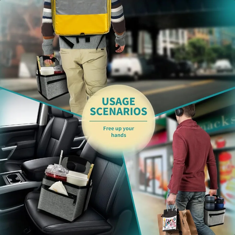 Porta-copos de café ou latas reutilizáveis, suporte para copos, alça, sacola, suporte para bebidas com 2 bolsos organizadores para bebidas quentes e frias