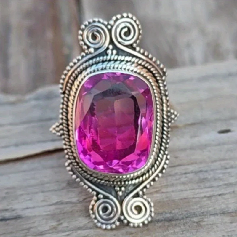 Vintage-Ring für Damen mit eingelegtem roten CZ, silberfarben, handgeschnitzte Spiralgeometrie, für den täglichen Gebrauch, Partyschmuck, Jubiläumsgeschenk