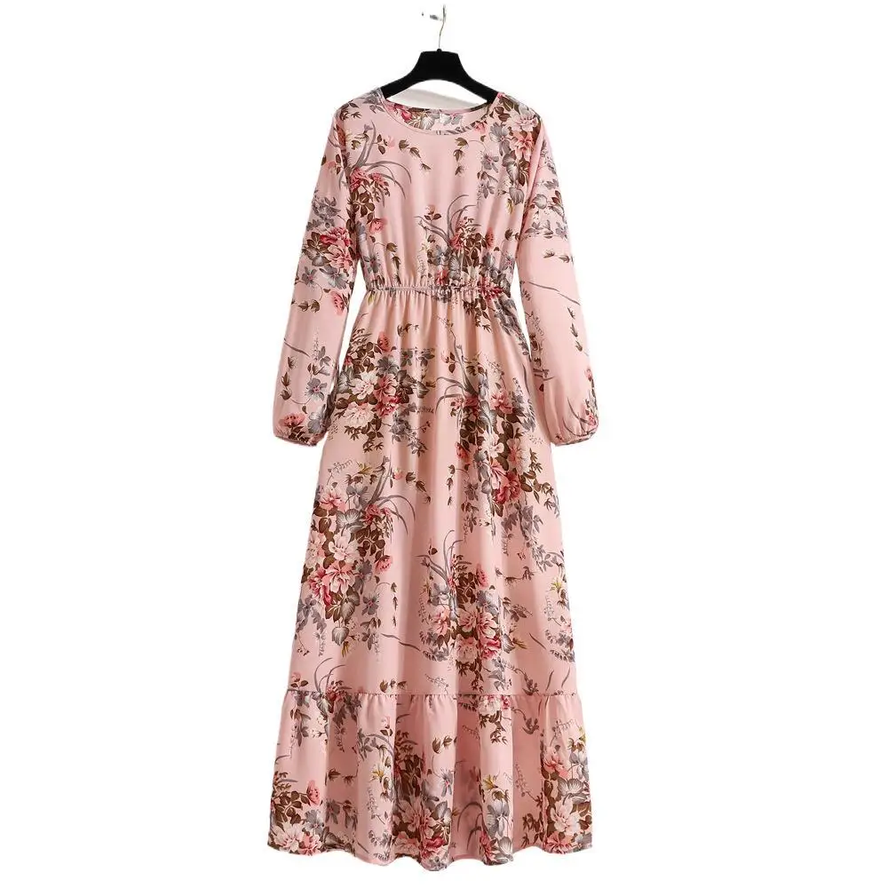 長袖花柄ワンピース レディース プラスサイズ 2026 ボヘミアン マキシワンピース スモックウエスト ラウンドネック カジュアル