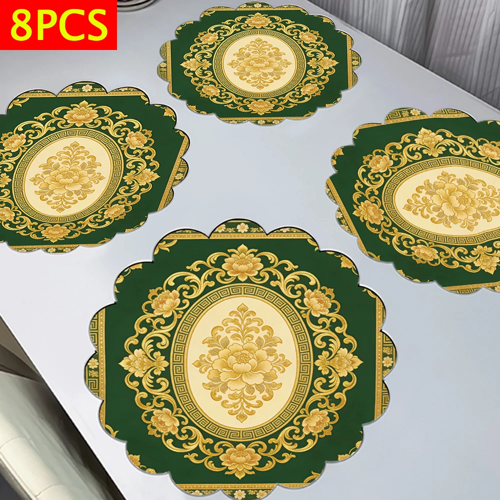 8 Uds. Manteles individuales con diseño Floral dorado verde oscuro, manteles individuales de 38x38cm, manteles para platos, adecuados para decoración de mesa de festival de familias