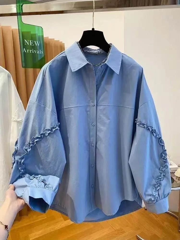 

Women's Loose Long Sleeve White Shirt Spring Autumn Style Patchwork Wooden Flip Collar Top Comfortable Cotton Korean Ver...