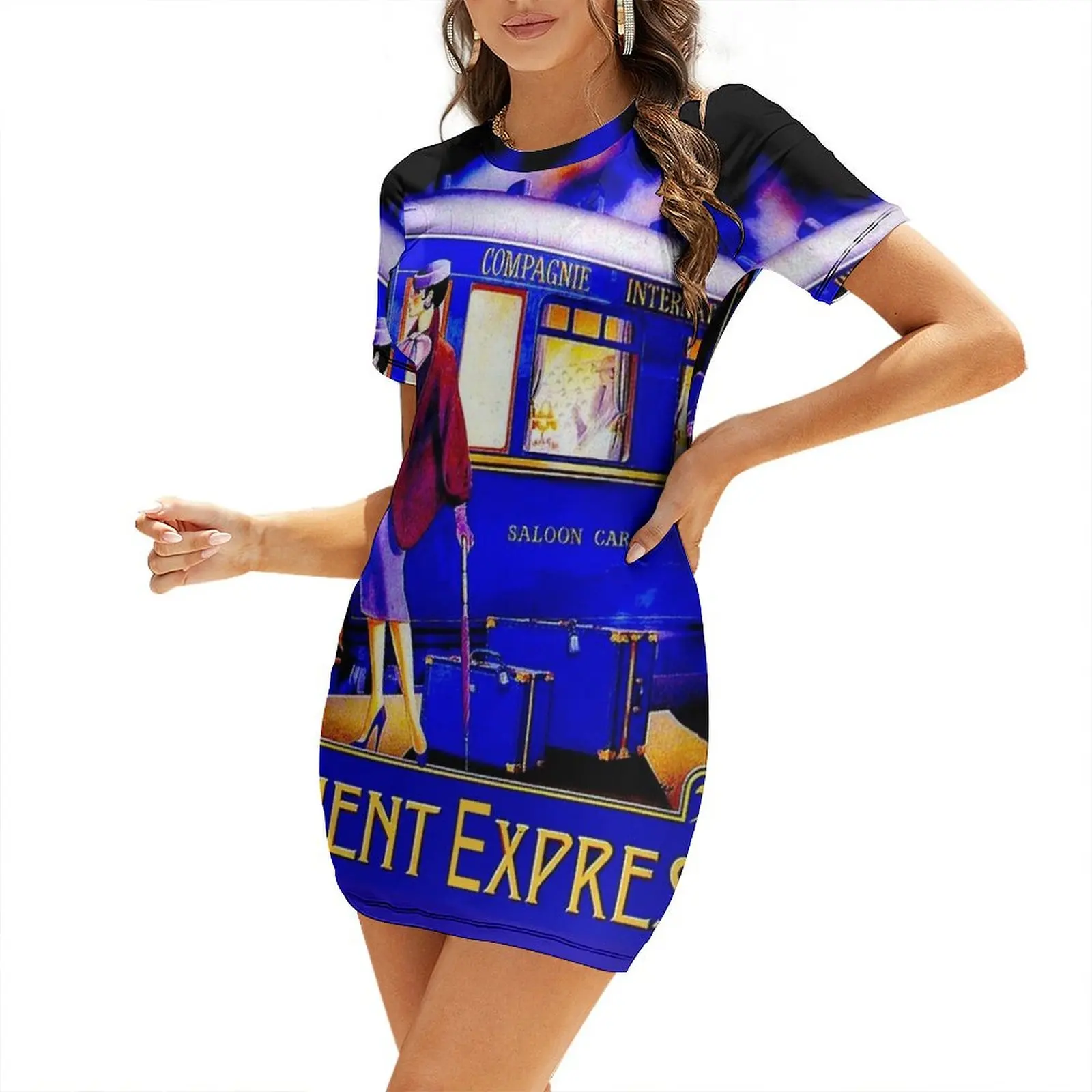 

ORIENT EXPRESS: Vintage Train Passenger Travel Print Short Sleeved Dress womans clothing Cocktail of dresses cute dress