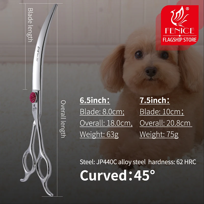 Fenice Super Curvo Pet Scissors, Pink Diamond Parafuso, Dog Grooming Scissors, Dog Trimming Shear, Pet Esteticista, 45 °, 6,5 7,5"