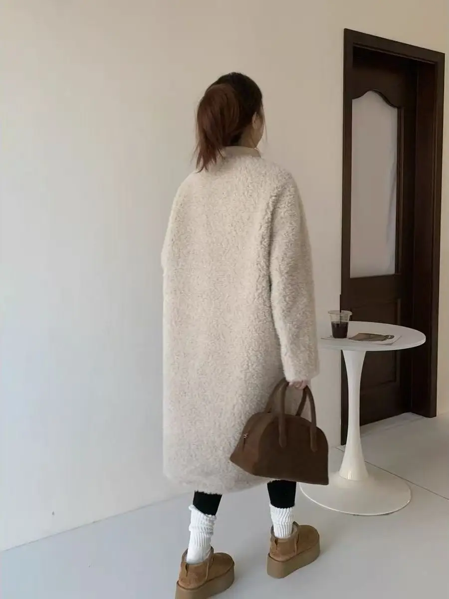 Abrigo largo Retro de piel de oveja, ropa de abrigo cálida para mujer, corte holgado, versátil, Otoño Invierno, nuevo Sle, fibra de poliéster, Color puro