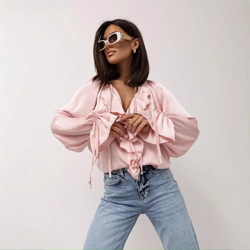 American Style Elegant Comfortable Ruffle T-Shirt Lace up Casual Loose V Neck Pullover Tops Autumn Female Flare Sleeve Tees 2025