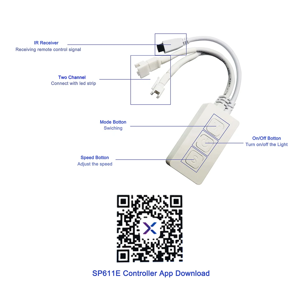 DC5-24V SP611E Led Controller And 38 Keys RF Remote Wifi Dual Output For 3Pin Individually Addressable 5050 RGB Light Ring Panel