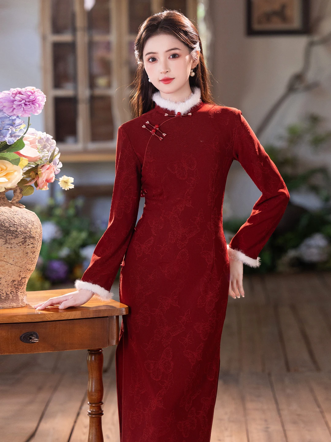 

Red Long Sve Fro Coat Wedding Dr New Chinese Sle Winter Warmth Engagement Ceremony Drinking Ceremony Gown