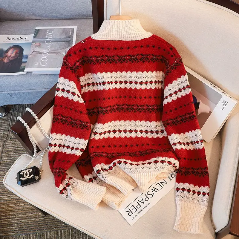 Pullover Sweater Female  Autumn/Winter 2023 Design Sense Small Crowd Loose New Year Red Christmas Sweater Women Pullover Tops