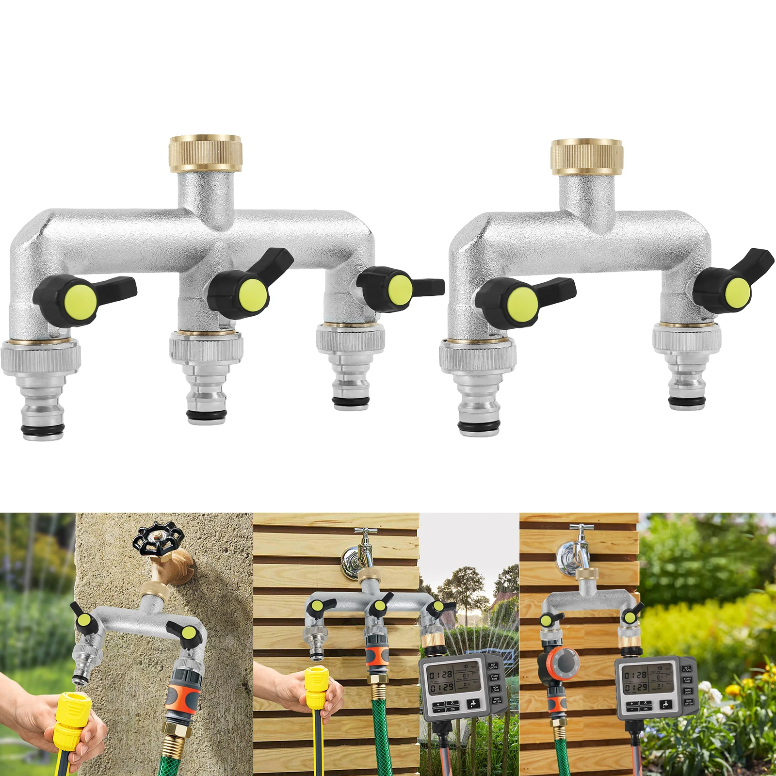 2/3 Way Hose Splitter 3/4-Inch Zinc Alloy Garden Hose Splitter Sturdy Hose Faucet Splitter with On/Off Valve Handle for Garden