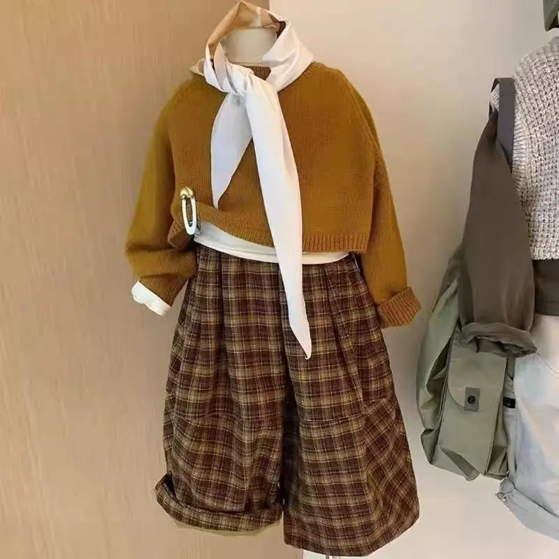 

Boys Girls Clothing Set 2026 New Autumn Style Children's Fashion Knitted Sweater Plaid Casual Pants Two Piece Set