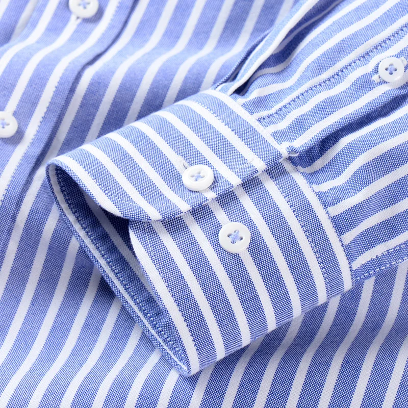 S~5XL Cotton Oxford Shirt For Mens Long Sleeve Plaid Striped Casual Shirts Male Pocket Regular-Fit Button-Down Work Man Shirt