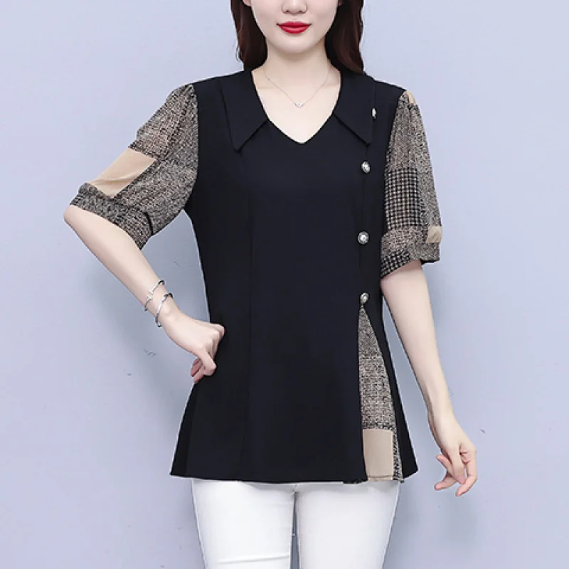 Women Summer Simplicity Loose Large Size Patchwork Chiffon V-neck Short Sleeve Shirts Women Clothes All-match Appear Thin Tops