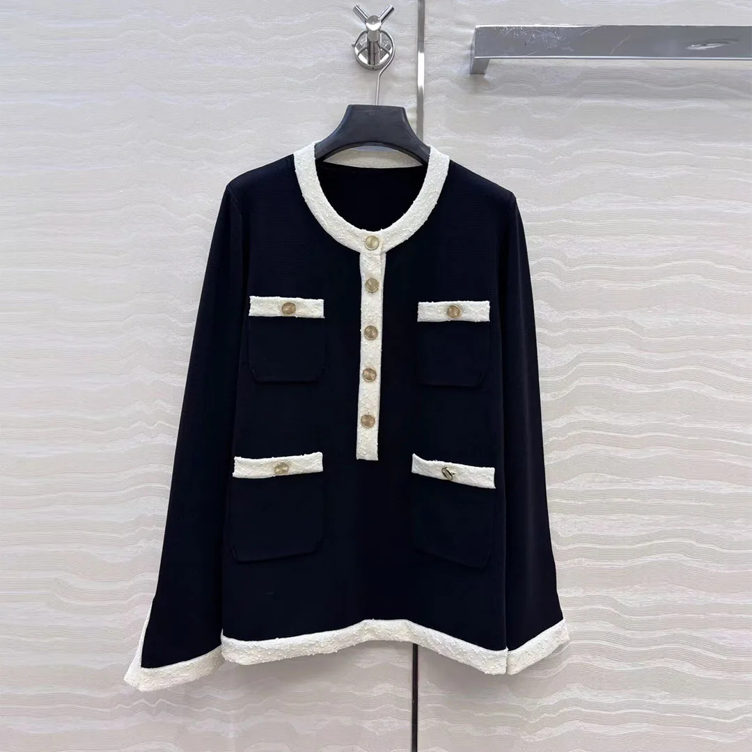 

2025 New Autumn Vintage Patchwork Stripes Pockets Buttons Knitted Pullover Women O-neck Long Sleeve Casual Elegant Sweater