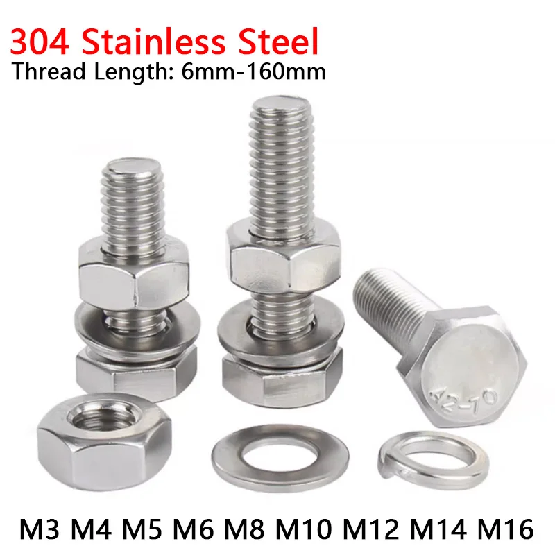 1~20set M3 M4 M5 M6 M8 M10 M12 M14 M16 304 A2 Stainless Steel External Hex Hexagon Screws Bolts With Nuts Washer Gasket