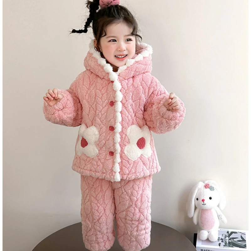 

Girls 3-Layer Quilted Pajama Set, Sweet Coral Fleece Loungewear for Toddlers & Kids Winter Sleepwear