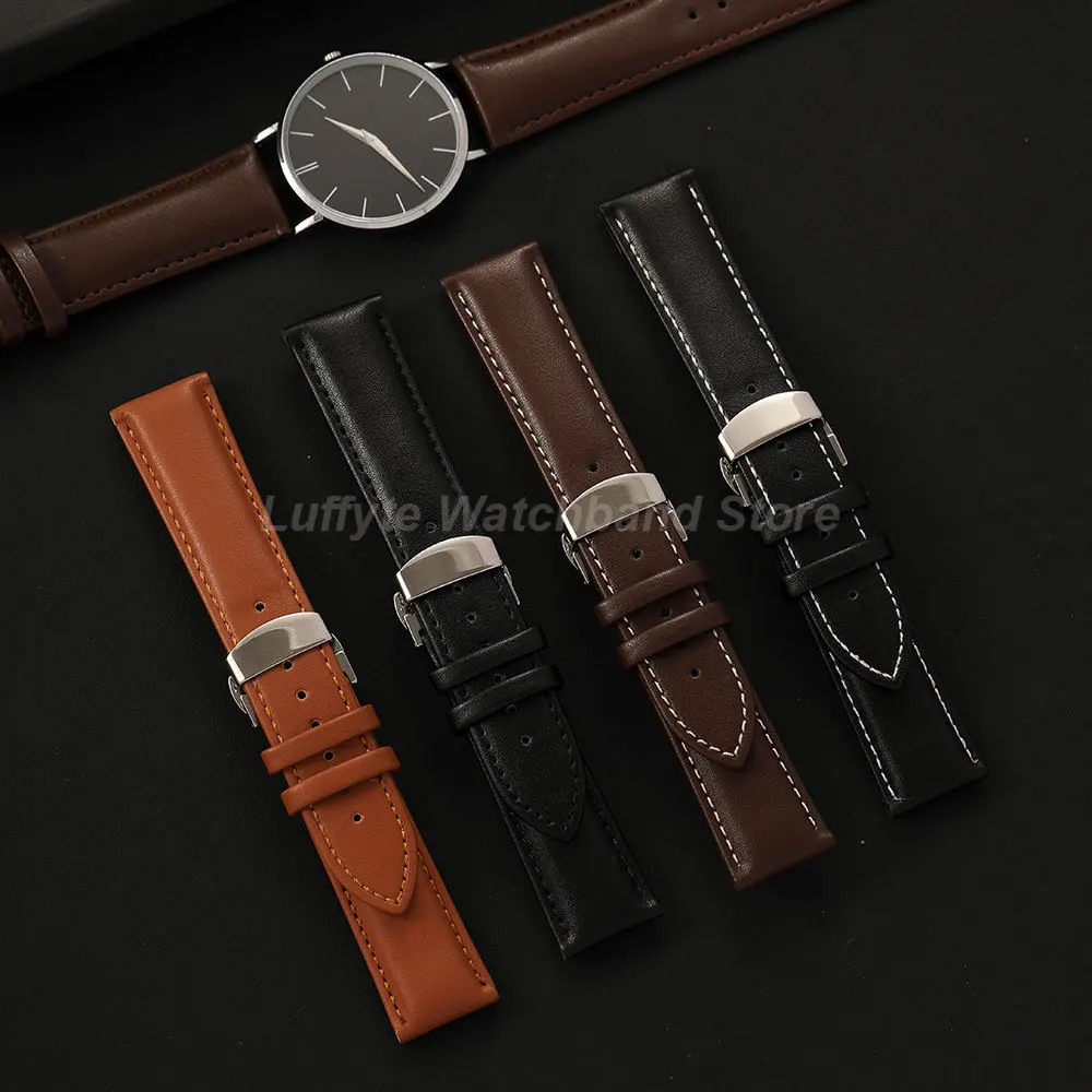 Leder-Uhrenarmband für Herren, Schwarz, Braun, Schmetterlingsverschluss, 18 mm, 20 mm, 22 mm, 24 mm, klassisches, lässiges Ersatz-Uhrenarmband