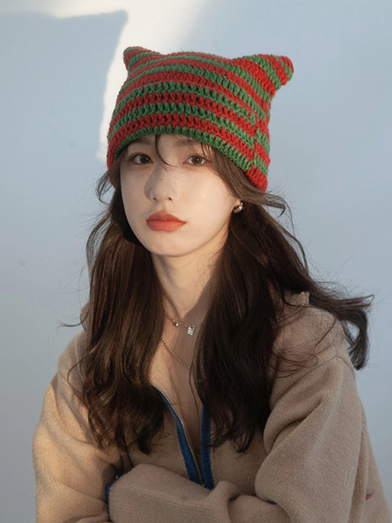 Cute Cat Ears Beanie Hats for Women Winter Striped Korean Punk Gothic Y2K Wool Knitted Streetwear Handmade Crochet Bucket Cap