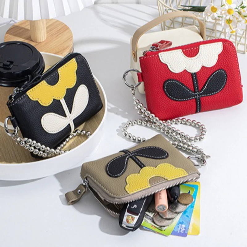 Multi-purpose Floral Color Block Cowhide Pouch,Ladies Small Zipper Coin Bag with Wrist Chain To Store Lipstick Coins Small Cards