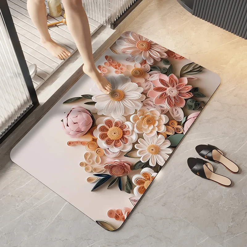 3D bathroom absorbent floor mat, soft diatomaceous earth, anti slip quick drying foot mat at the entrance of the bathroom