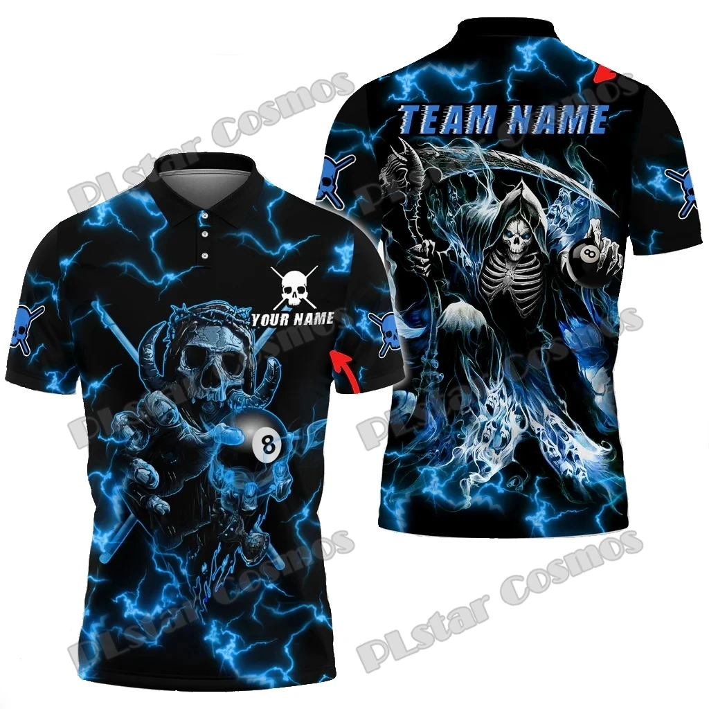 Billiards Skull Thunder Fire Personalized Name, Team Name 3D Printed Premium Men's Polo Shirt Summer Casual Polo Shirts POL166