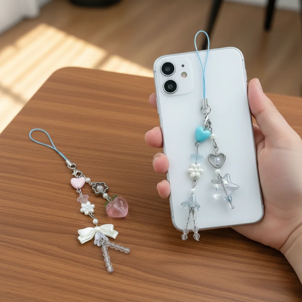 

New Pink Phone Charms Pendant Kawaii Cute Bowknot Bead Sweet Girl Keychain Chain Love Heart For iPhone Camera Bag Pendant