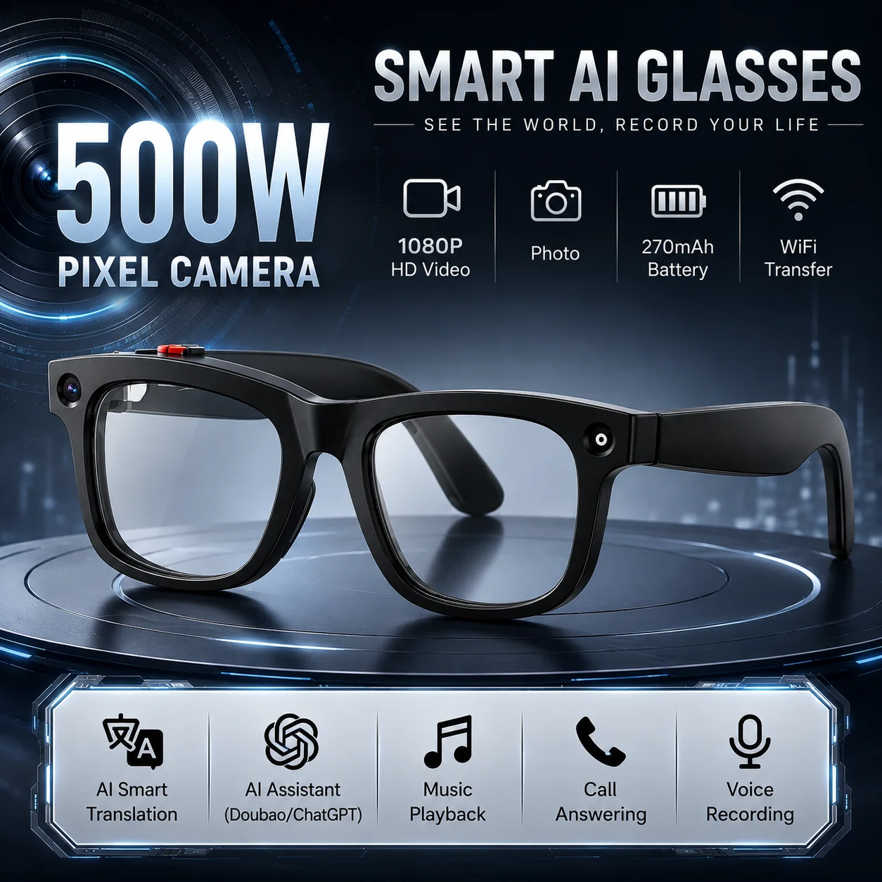 

LIGE 2026 Smart Glasses AI Translation 500W Pixel Camera Shooting Image Conversation Recording Listen Music & Call Smart Glasses
