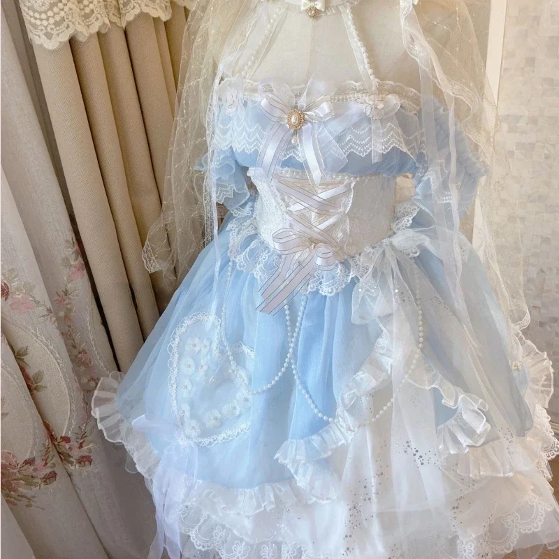 

Sweet Lolita Princess Party Dress Vintage Victorian Women Elegant Mermaid Flower Wedding Dresses Girly Lace Pearls Mesh Vestidos