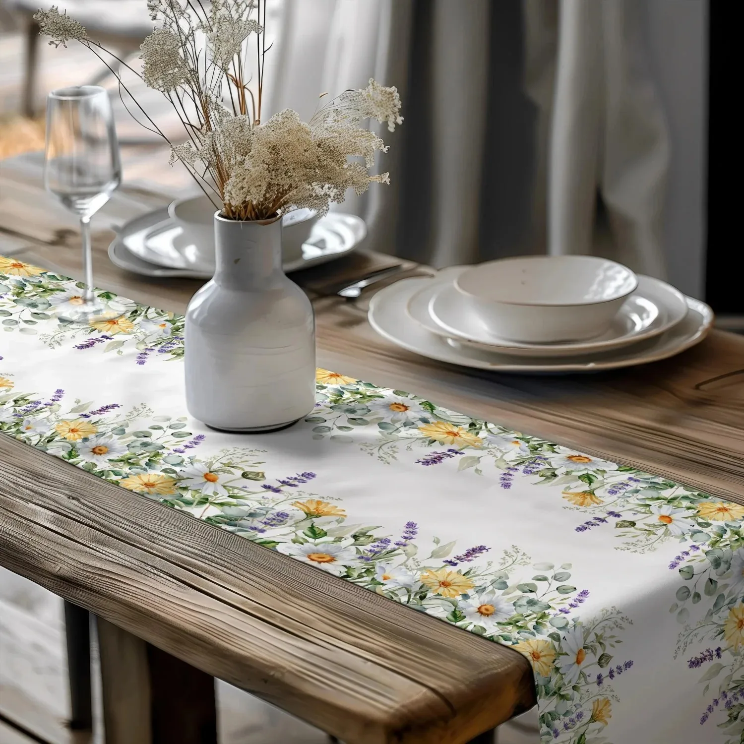 Fresh Floral Border Table Runner Wrinkle‑Resistant Watercolor Herb Flower Design For Garden Party Daily Table Decoration