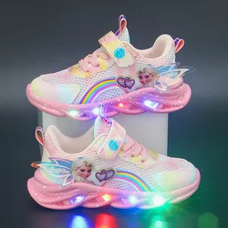 Disney Mädchens chuhe LED Lichter Mesh gefroren atmungsaktive Kinder Sportschuhe Elsa Prinzessin rosa lila pu Lederschuhe Größe 22