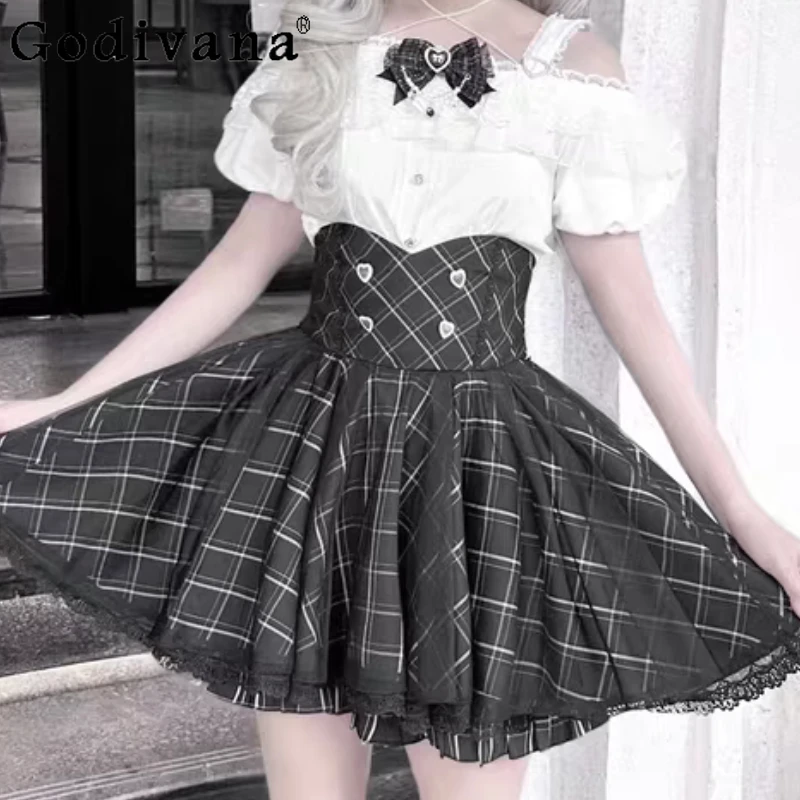 

Subculture Black White Sweet Bow Lace Short Sleeve Off-the-shoulder Top Summer New High-waisted A-line Plaid Versatile Skirt